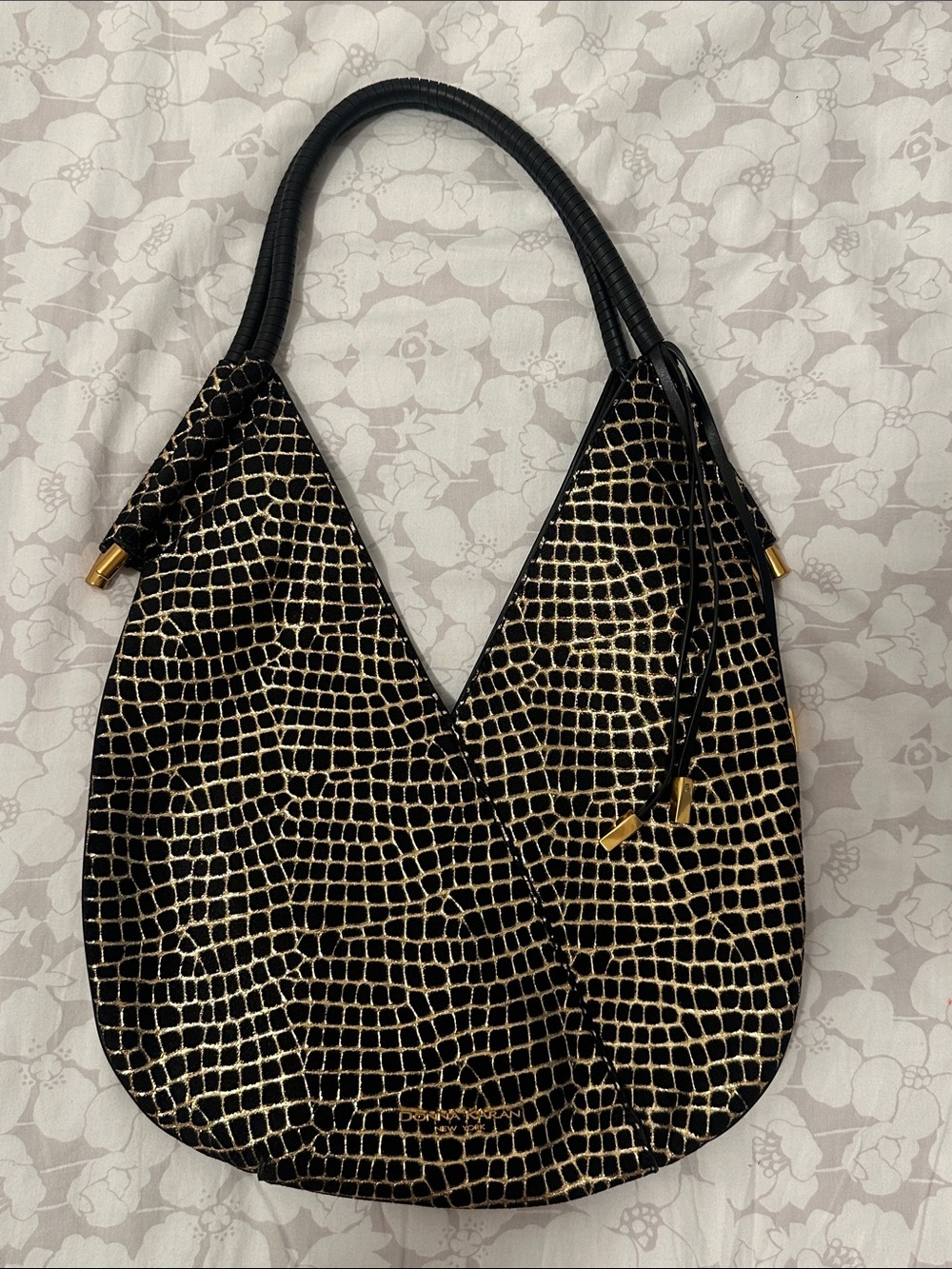 Donna Karan Black and Gold Croc-Embossed Shoulder Hobo